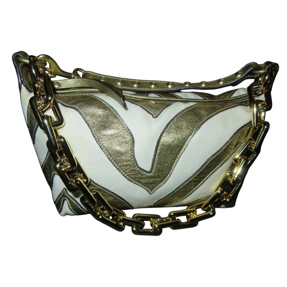 Coach 2005 Canvas & Leather Pochette Demi Bag White w/ gold Zebra Print Accents - Picture 6 of 12